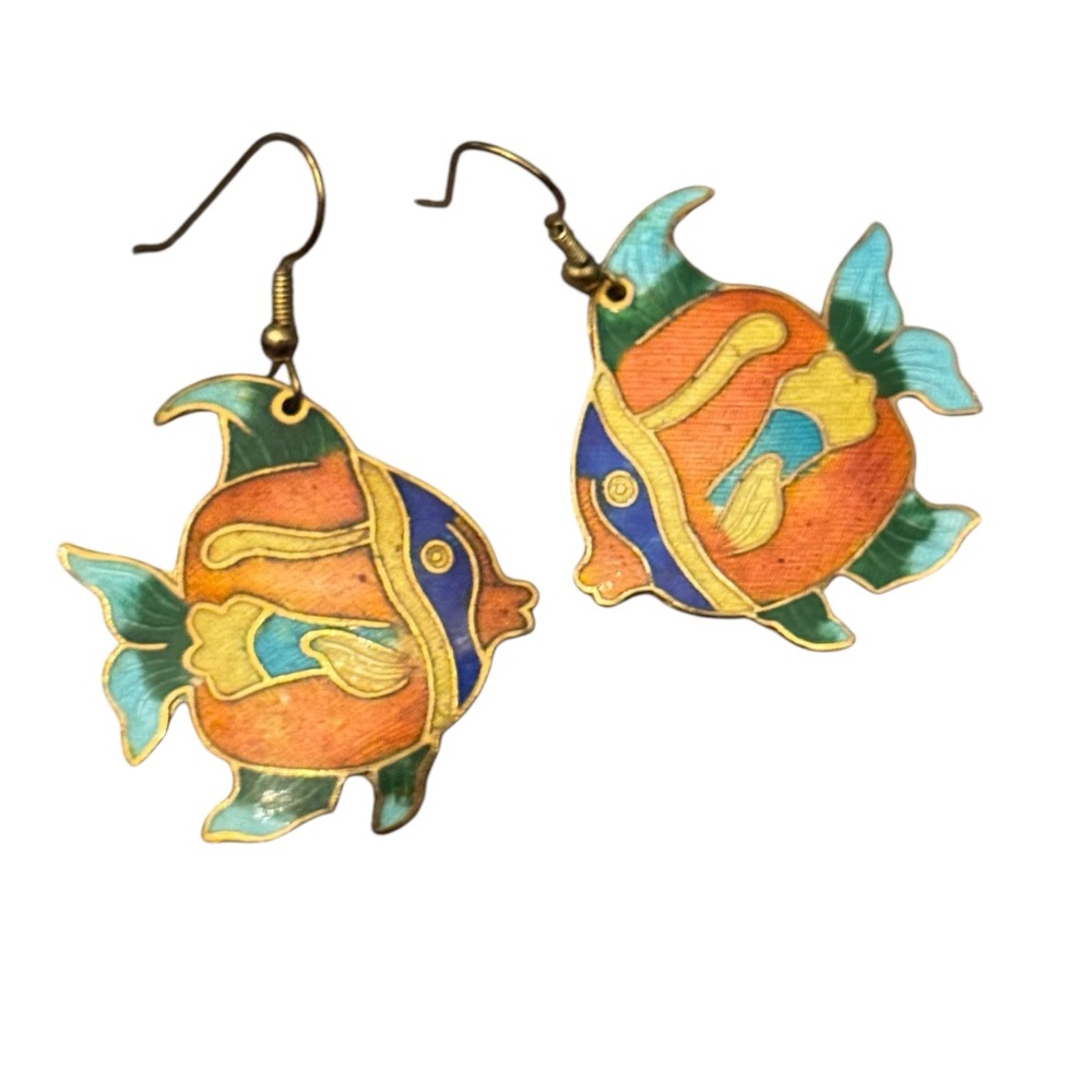 Vintage 1970'S Enameled Fish Pierced Earrings Colorful fun Earrings